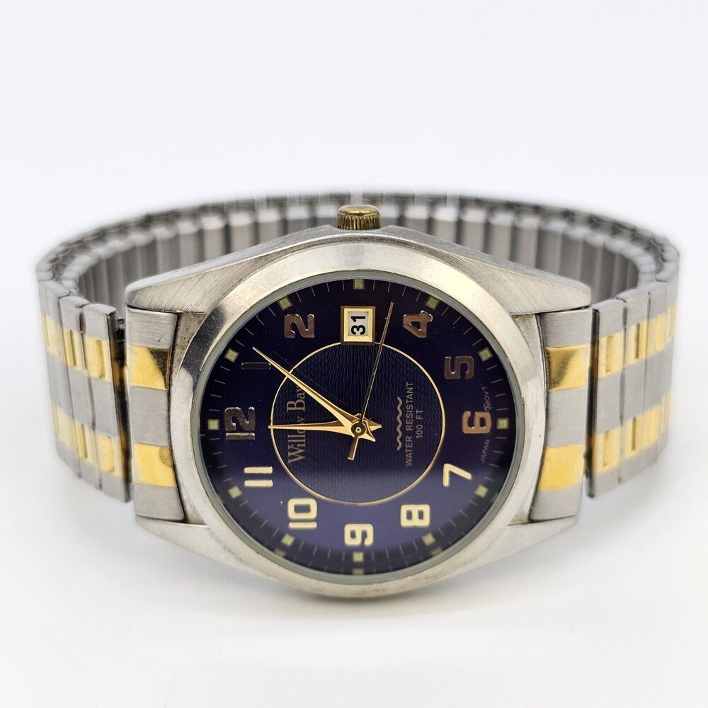 Willow Bay Men's Watch 36MM Blue Dial Date Two Tone Expandable Band New Battery‎